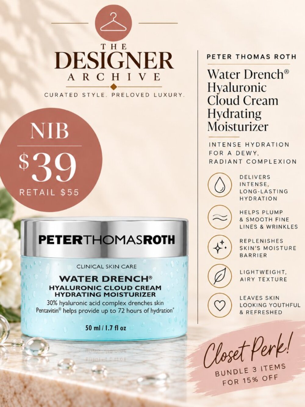 NIB Peter Thomas Roth Water Drench Hyaluronic Cloud Cream Hydrating Moisturizer